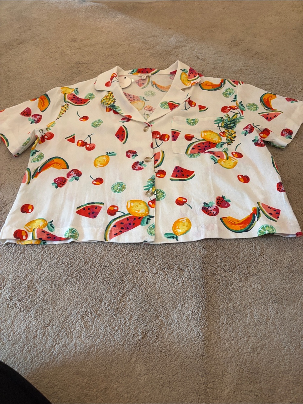 White Short-Sleeve Button-Up Shirt with Colorful Fruit Print